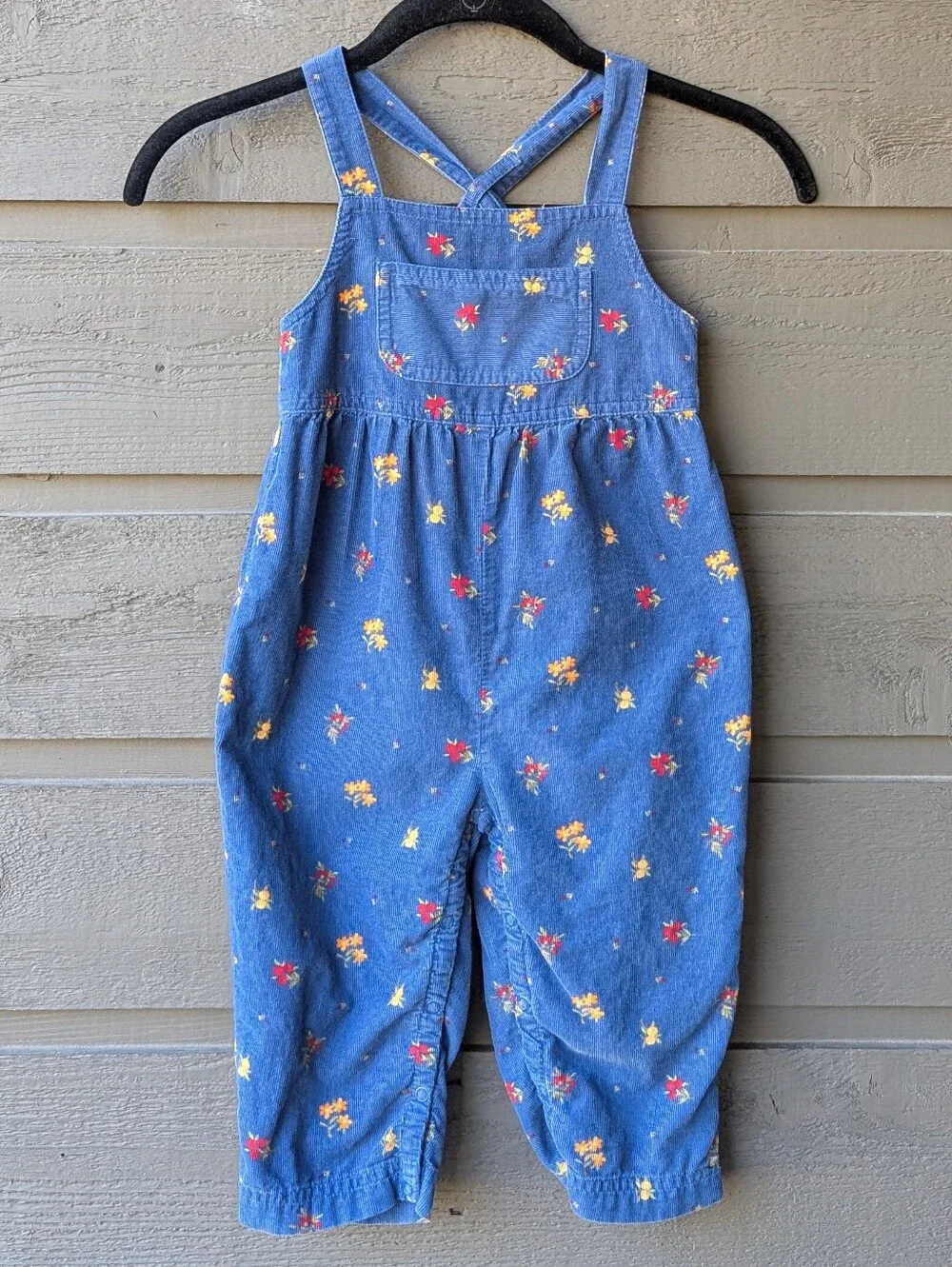 VTG 90s Gymboree Dark Blue Corduroy Floral Bib Overalls Size XS